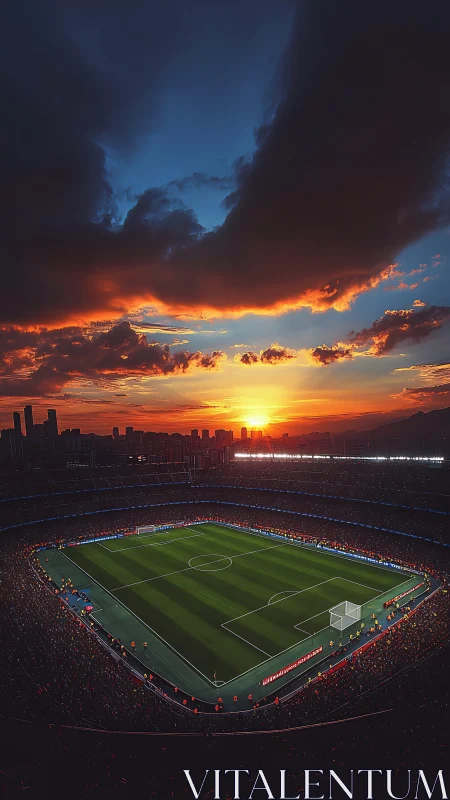 Sunset over packed city football stadium before kickoff.