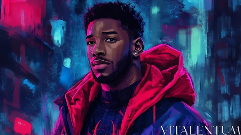 Digital portrait depicts hooded male figure in urban setting