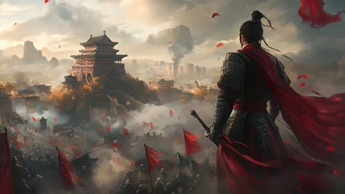 Storm of red banners swirls as a lone warrior guards the city