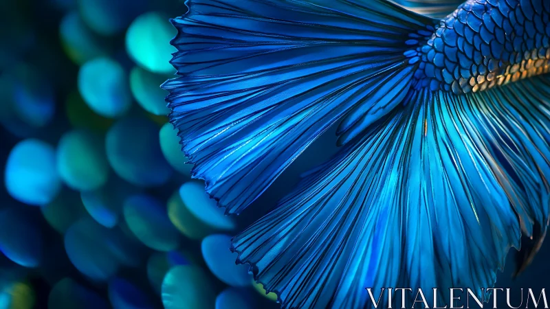 Blue betta fish tail shimmers in glowing underwater bokeh.