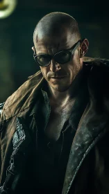 Dustborn drifter in rusted goggles stalks the neon dark.