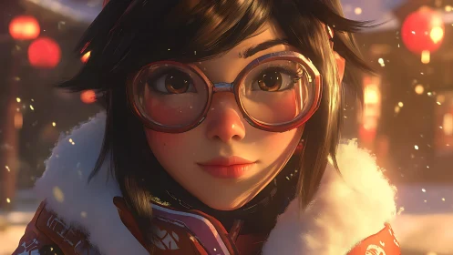 Winter lantern bokeh around stylized girl in red parka portrait.