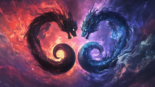 Twin cosmic dragons swirling in fiery dusk and cool night.