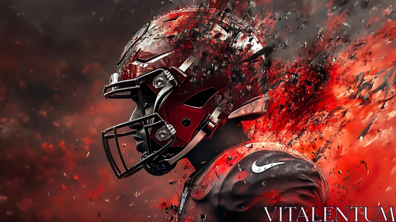 Blazing football warrior charging through sparks and storm.