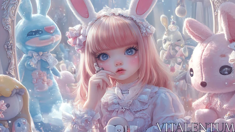 Dreamy bunny girl in pastel wonderland of plush friends.