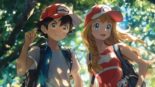 Anime trainers walk forest trail under dappled sunlight.