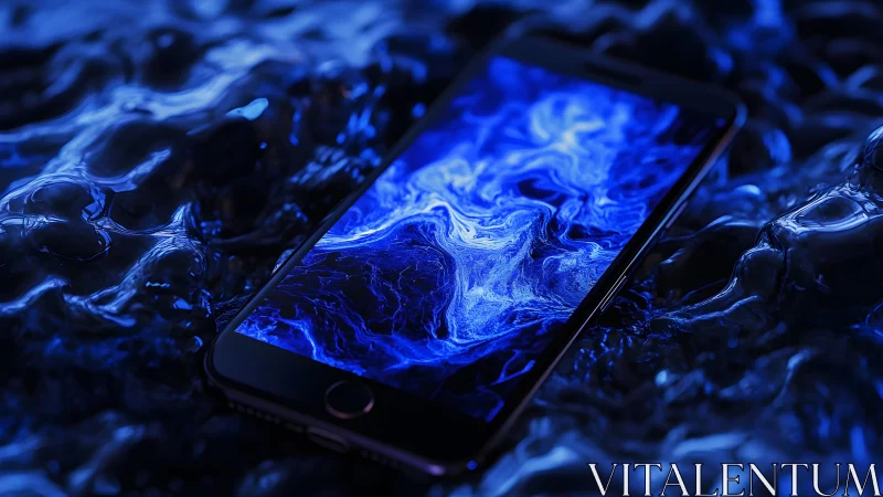 Smartphone with Abstract Blue Display in Futuristic Liquid Setting.