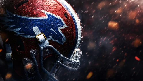 Rain-slicked gridiron helmet under storm-lit stadium sparks.