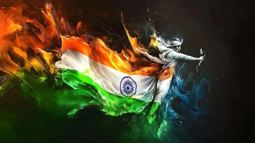 Dynamic Indian flag artwork with energetic warrior figure.