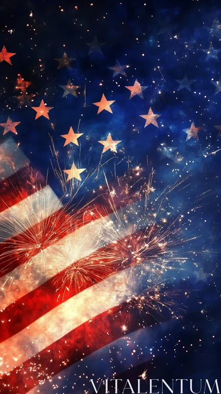 American flag overlay with red fireworks bursts in deep night sky