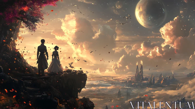 Romantic figures overlook celestial sci-fi cityscape at dusk.