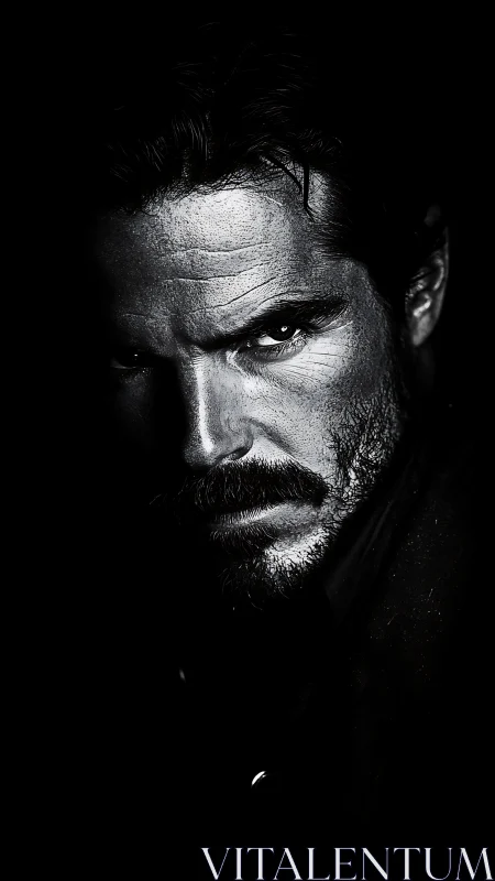 Moody low key portrait of intense bearded man in shadow.