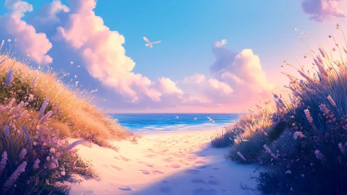 Sunlit sandy path opening onto a calm pastel seashore.