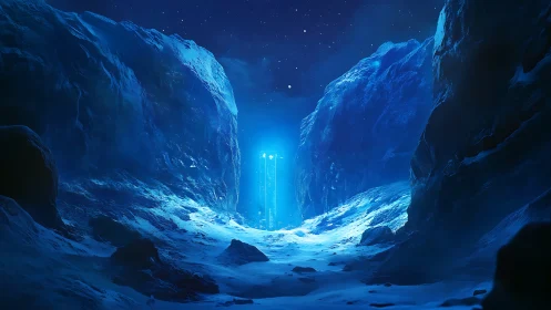 Frozen canyon glows around a mysterious radiant portal