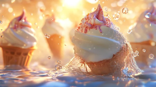 Melting ice cream cones splash through glowing golden water