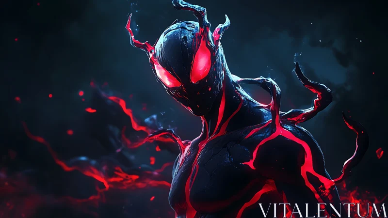 Infernal symbiote warrior in glowing crimson tendrils.