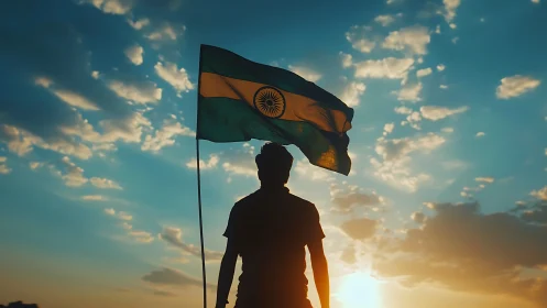 Silhouette of person holding Indian flag against evening sky