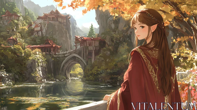 Elven noble observes river bridge amid terraced cliff temples in autumn
