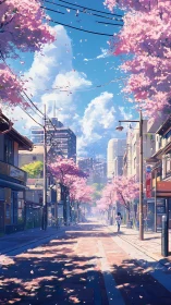 Cherry blossom avenue under clear blue urban spring sky.