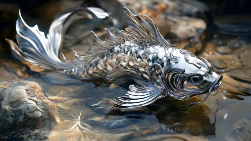 Shiny Metallic Koi Fish Sculpture in Stream, Hyper-Realistic Art.