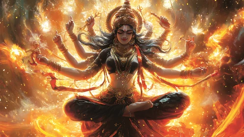 Multi-armed seated deity figure is rendered amid controlled flames