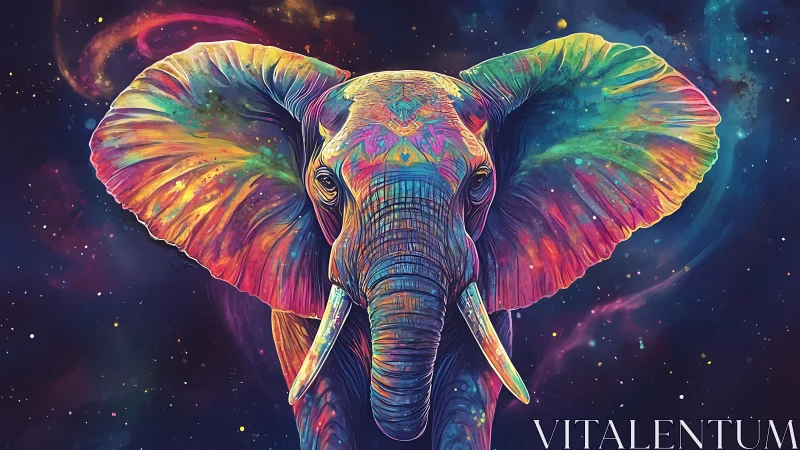 Color-saturated cosmic elephant portrait with vivid nebula backdrop.