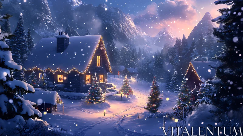 Snowy alpine village with glowing Christmas cottages.