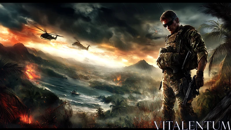 Storm-lit soldier stands poised above a burning jungle warzone