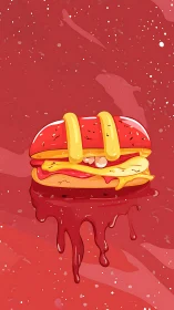 Gooey cartoon burger dripping with bold saucy color.