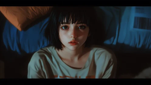 Girl with short dark hair stares upward in dim bedroom light