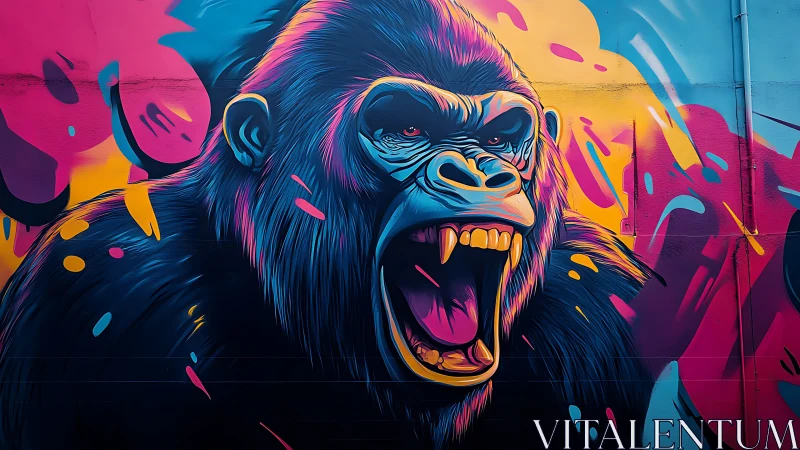 Neon gorilla mural roars amid electric pink and cyan spray