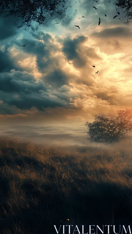 Dramatic volumetric sunset sky over misty field with birds in flight