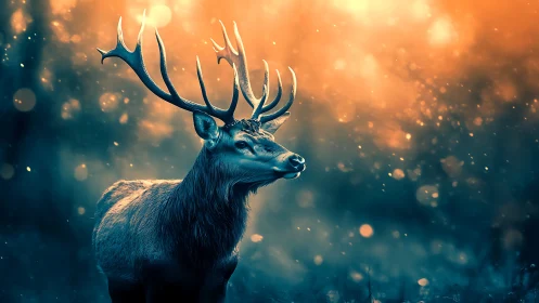 Stag stands in glowing bokeh forest with warm backlight