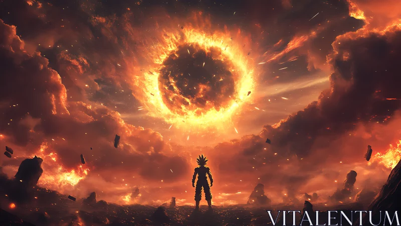 Silhouetted figure under fiery celestial explosion in sky.