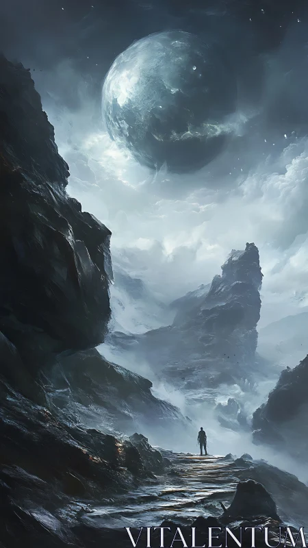 Lone explorer beneath tidally locked supermoon on icy ravine world.