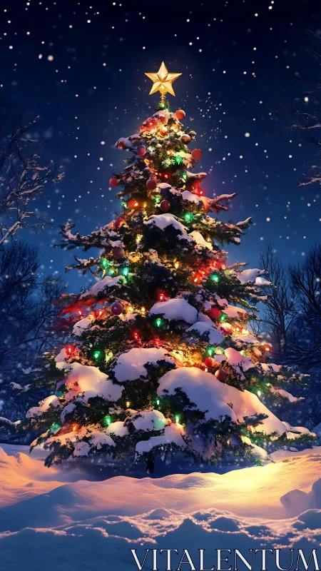 Snowy Christmas tree glows under a crisp winter night sky.