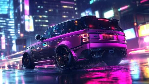 Neon pink SUV drifts through rainy cyberpunk night street.