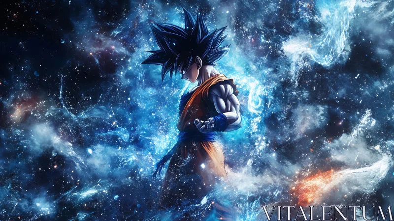 Celestial energy warrior in blue aura within cosmic nebula