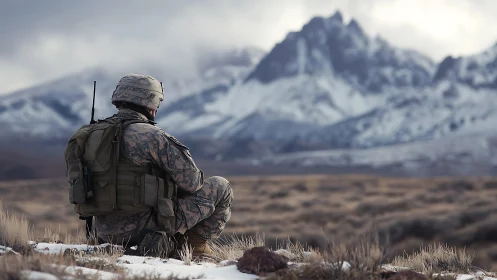 Solitary modern infantryman surveying snow-laced mountain range