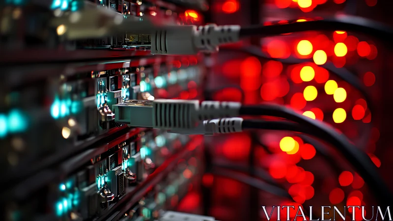 Network cables connect to server ports with bright status lights.