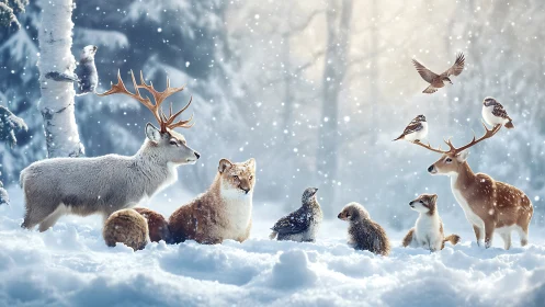 Winter wildlife group is arranged in balanced snowy composition