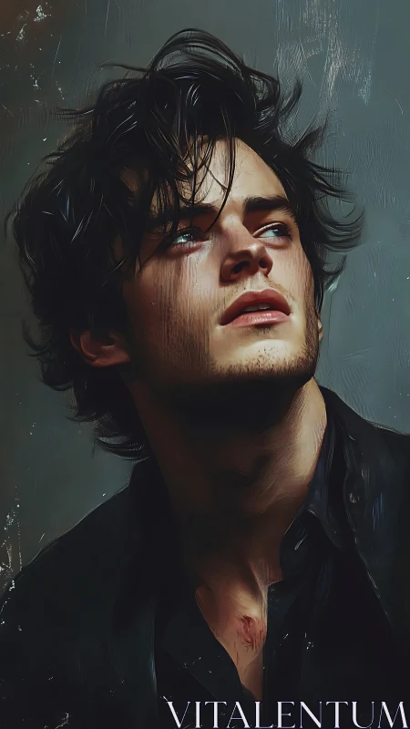 Moody digital portrait of a pensive young man in chiaroscuro.