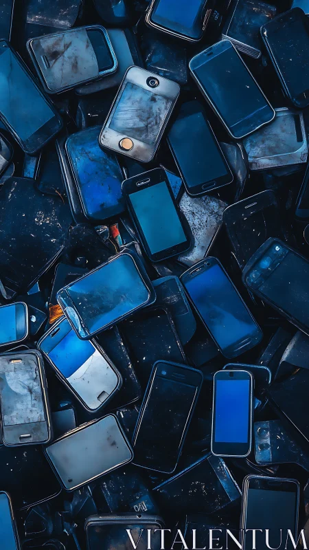 Photorealistic grid of discarded smartphones in tight vertical stack.