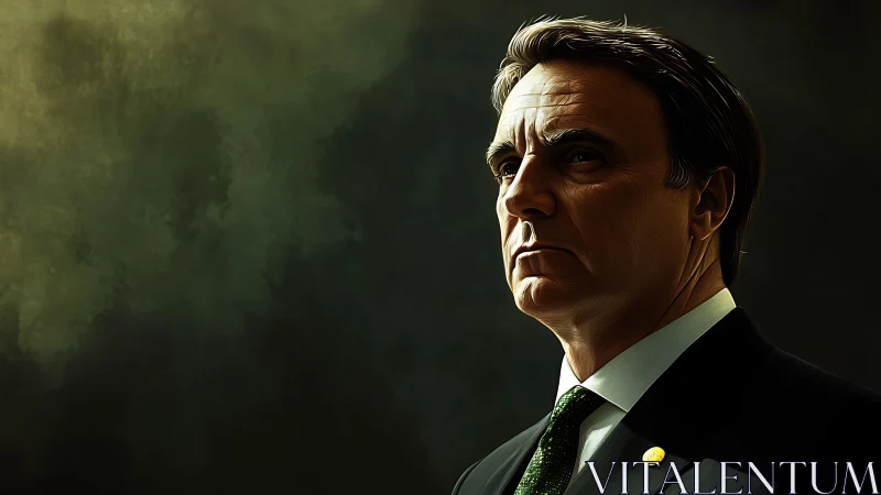 Stoic middle‑aged man in suit against dark abstract backdrop.