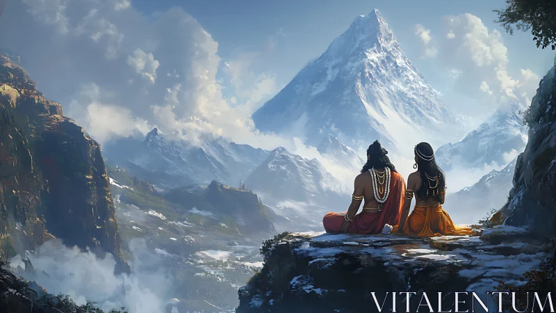 Divine couple overlooking vast snowbound Himalayan summit.