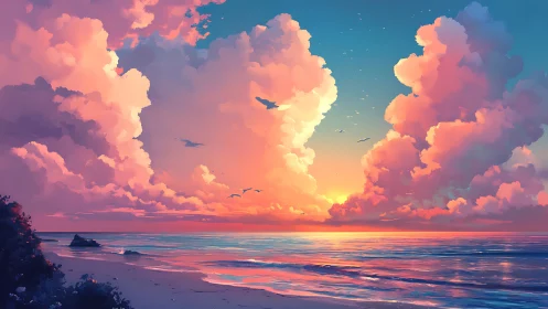 Vibrant digital seascape with sunset clouds and shoreline.