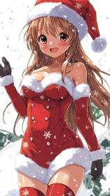 Anime girl in red Christmas outfit under snowfall.