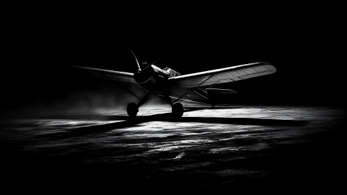 Lone prop plane waits in noir-lit runway shadows before dawn.
