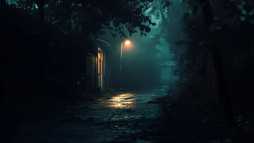 Rain-slicked alleyway under a lone sodium streetlamp at night