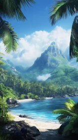 Tropical Island Paradise with Mountain Peak and Beach